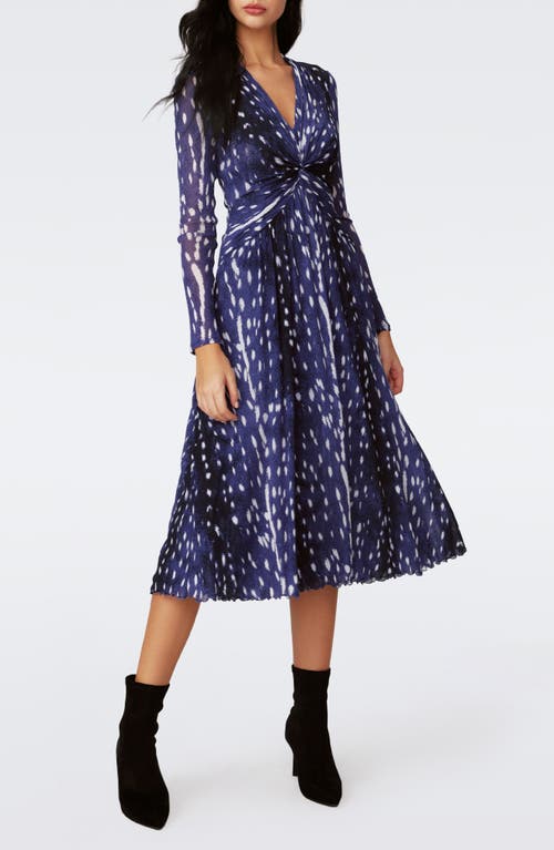 DVF Burton Print Long Sleeve Mesh Midi Dress in Fawn Perfect Navy 