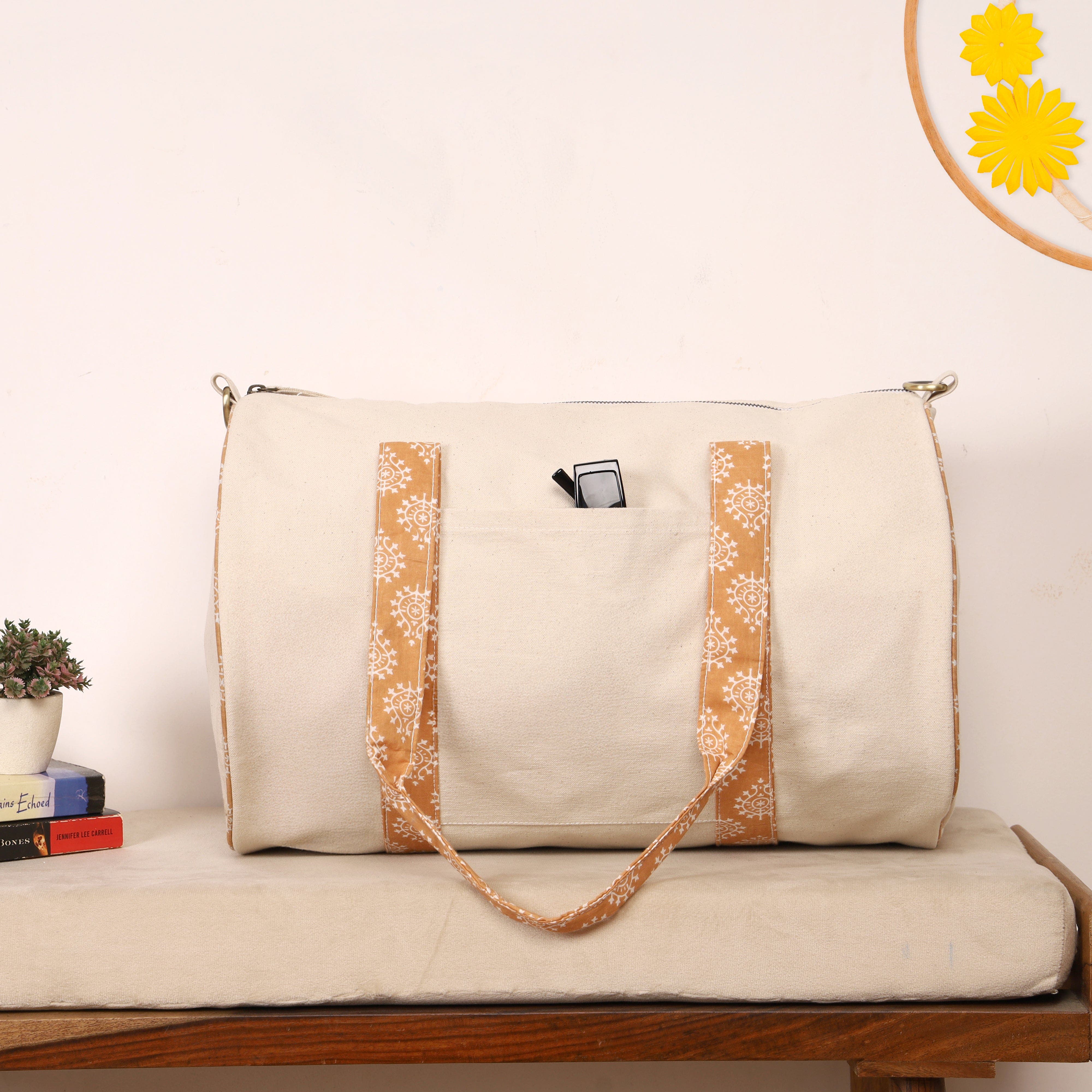 Canvas Duffle Bag with Washable Cotton and Block-Printed Straps, Alternate, color, Marigold Honey