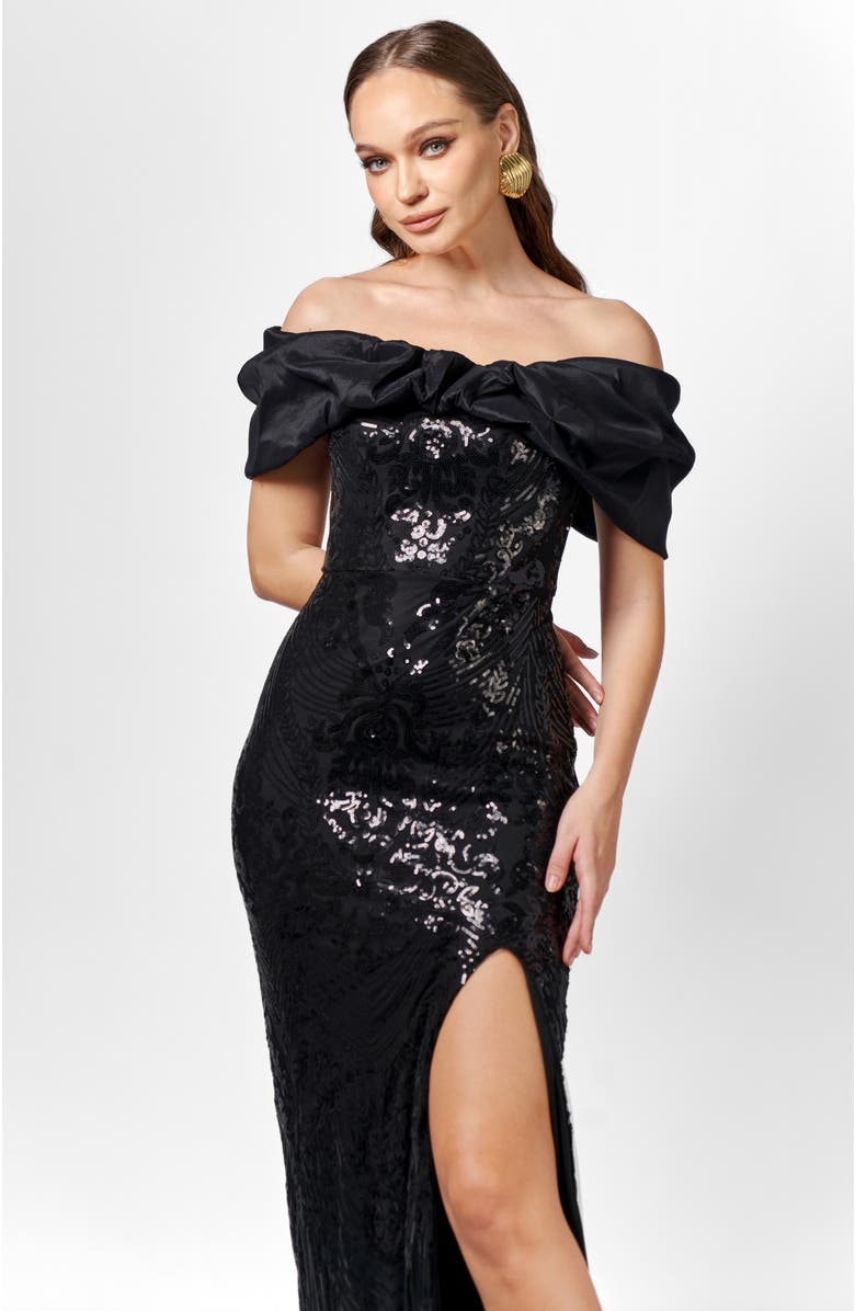 Bariano Jaylan Off Shoulder Gown, Alternate, color, Black