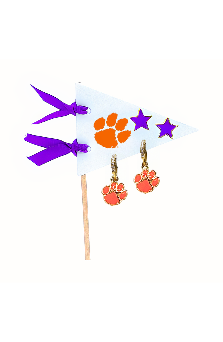 Color Shout Clemson University Pennant Pair Earring Set, Main, color, Yellow Gold