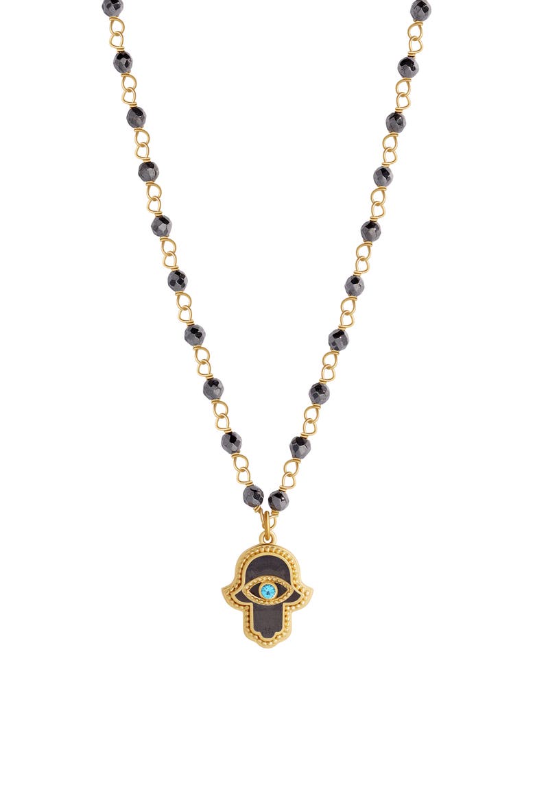 Hamsa Pendant Hematite Aquamarine Women's Beaded Necklace - Celestial Flow, Main, color, Grey/Gold