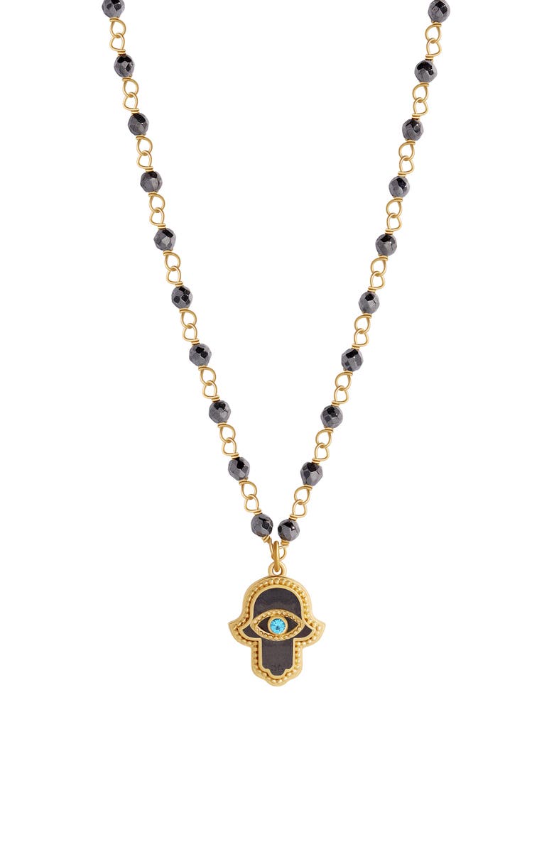 Karma and Luck Hamsa Pendant Hematite Aquamarine Beaded Necklace Celestial Flow, Main, color, Grey/Gold
