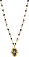 Karma and Luck Hamsa Pendant Hematite Aquamarine Women's Beaded Necklace - Celestial Flow