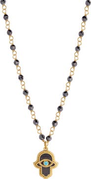 Karma and Luck Hamsa Pendant Hematite Aquamarine Women's Beaded Necklace - Celestial Flow