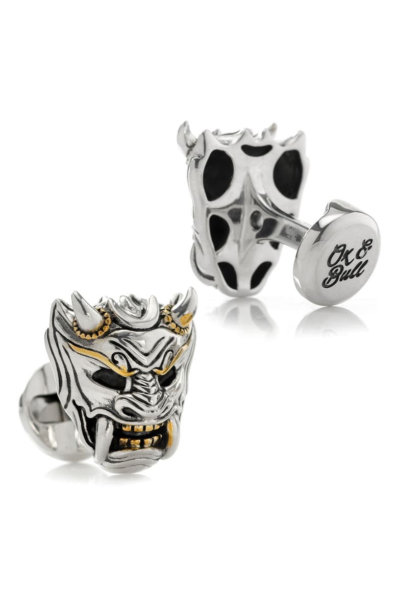 Samurai Mask Cuff Links, Main, color, SILVER