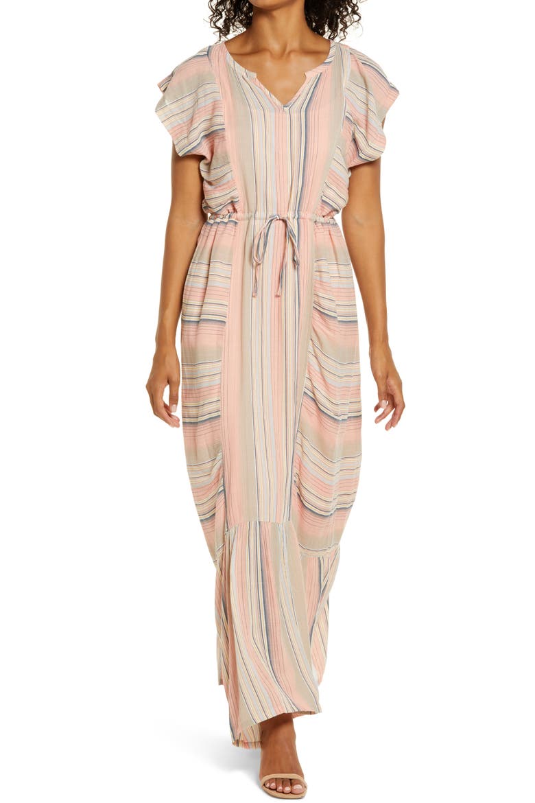 Flutter Sleeve Tie Waist Maxi Dress, Main, color, PINK STRIPE