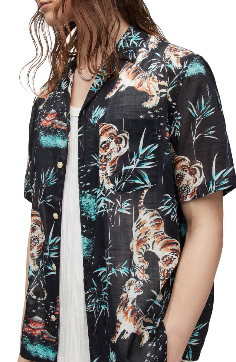 AllSaints Tagise Relaxed Fit Tiger Print Short Sleeve Cotton Button-Up Shirt, Alternate, color,