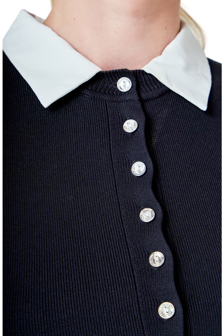 Contrast Collar Button Front Knit Top, Alternate, color, BLACK/IVORY