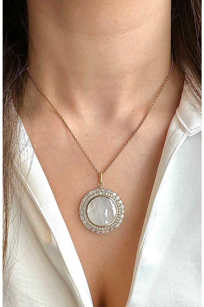 Mother-of-Pearl & Lab Diamond Emerald and Round Pendant Necklace in 14K, Alternate, color, Yellow Gold