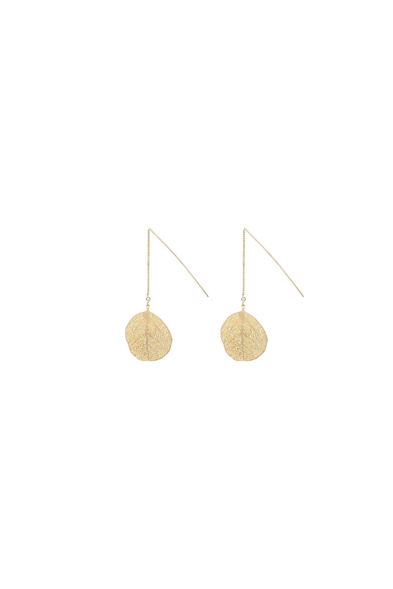 Sienna Textured Leaf Disc Threader Earrings Sculptural Trendy, Main, color, Gold