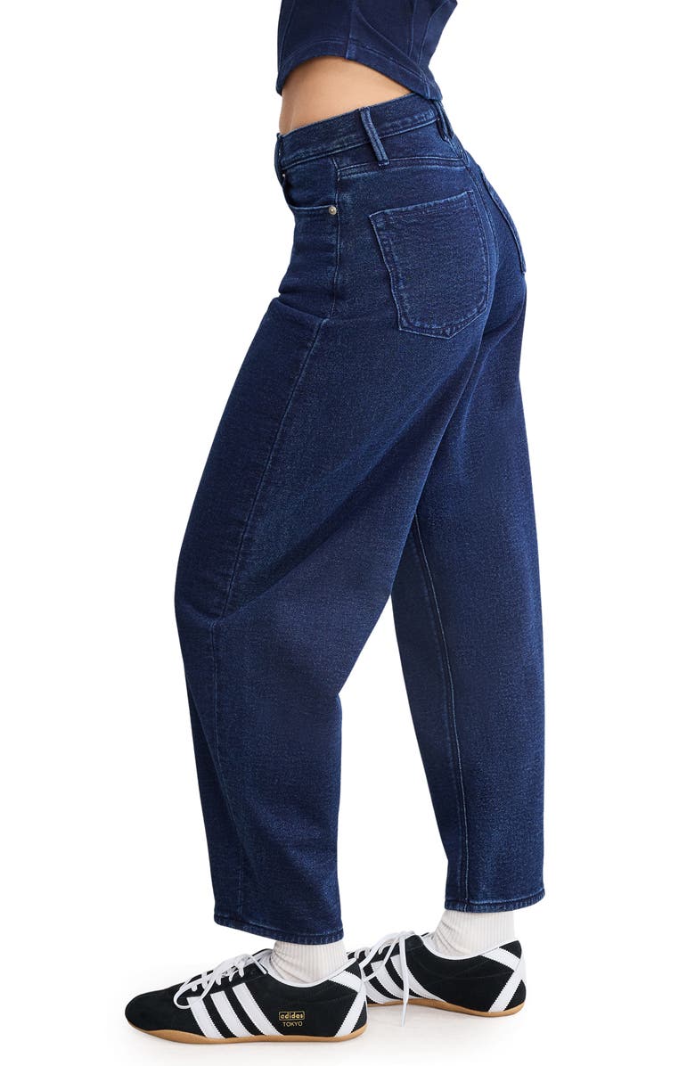 Good American Jeanius Barrel Leg Faux Denim Terry Sweatpants, Alternate, color, Indigo1029