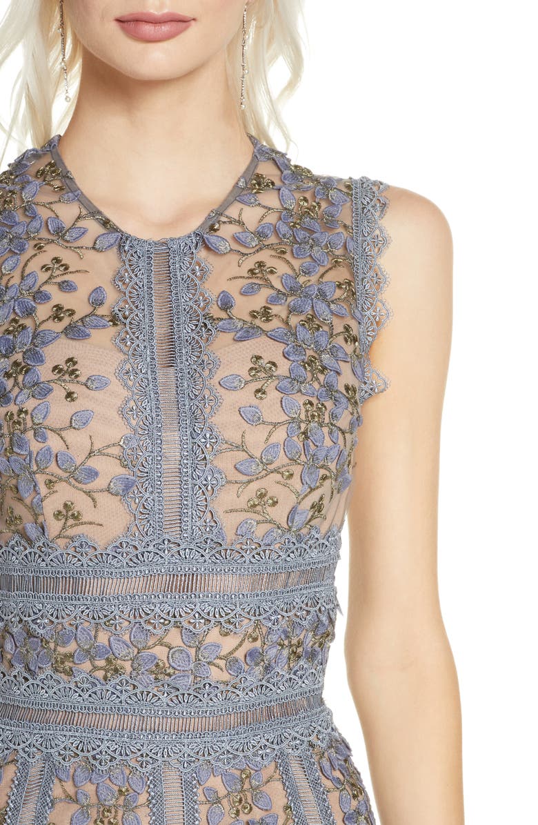 Bronx and Banco Megan Grey Floral Lace Midi Dress, Alternate, color,