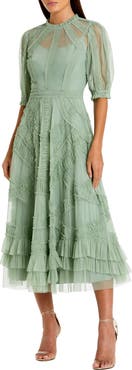 Mac Duggal High Neck Puff Sleeve Ruffle Tiered Midi Dress
