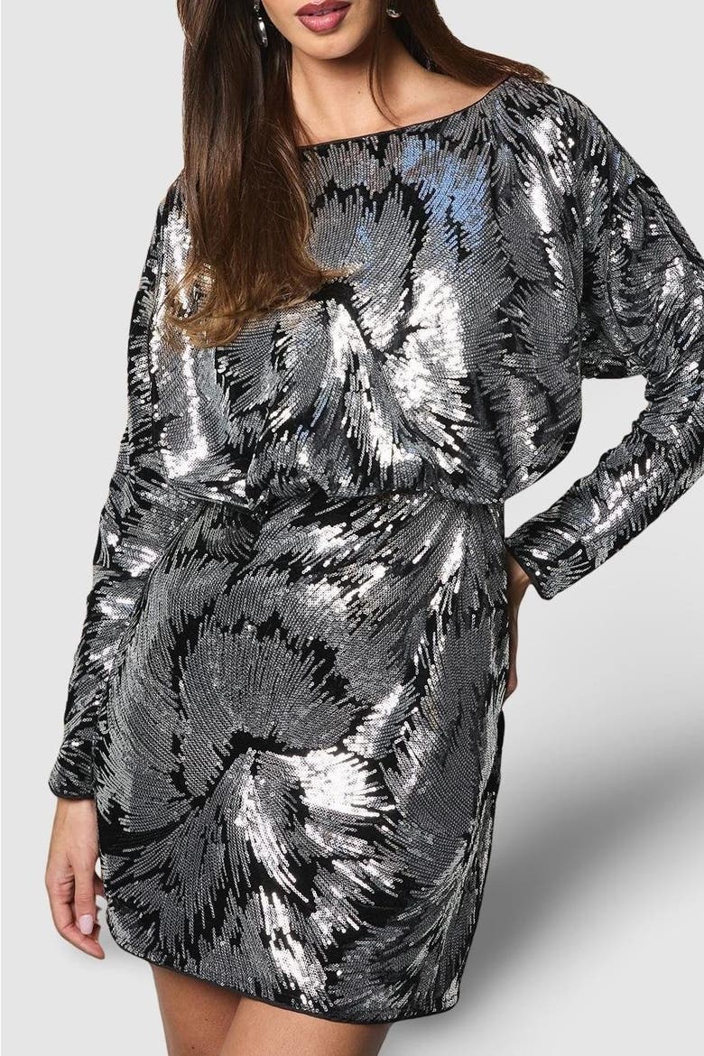 Floral Sequin Batwing Mini Dress, Alternate, color, Black