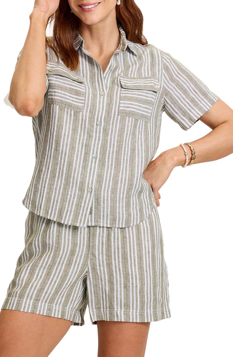 Tommy Bahama Beach Breeze Stripe Linen Button-Up Shirt, Main, color, Sea Clay