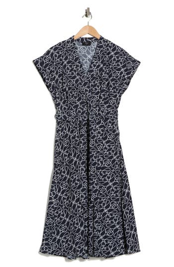 T Tahari Short Sleeve Fit & Flare Midi Dress In Blue