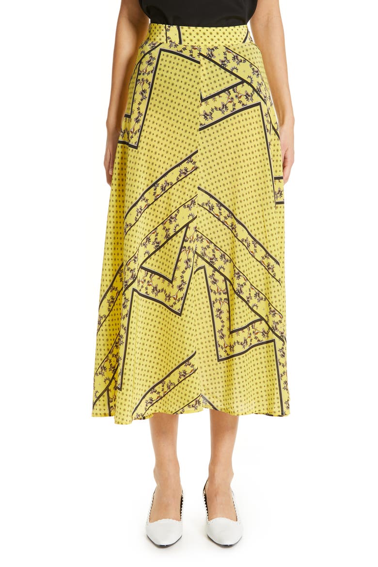 Paisley & Floral Print A-Line Midi Skirt, Main, color, MINION YELLOW