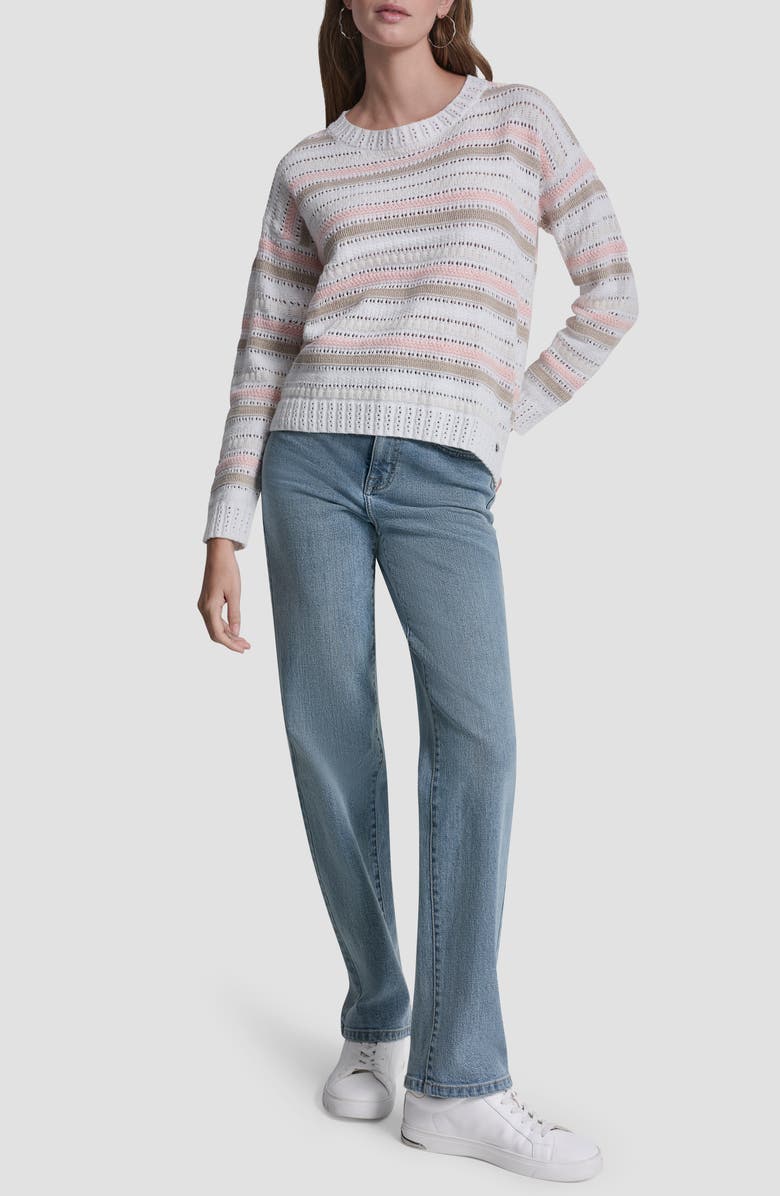 DKNY Jeans Stripe Cotton Pointelle Sweater, Alternate, color, Peach Spritz Combo