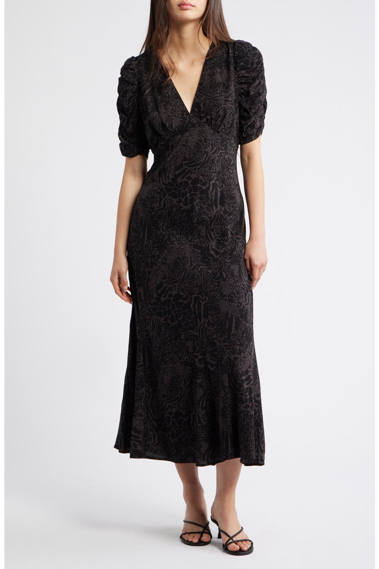 Zariah Mixed Animal Print Midi Dress, Main, color, CHARCOAL MIXED ANIMAL