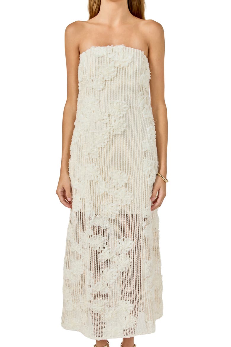 Mesh Overlay Strapless Dress, Alternate, color, CREAM