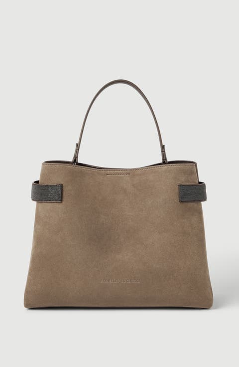 Essence top-handle bag in suede with precious bands