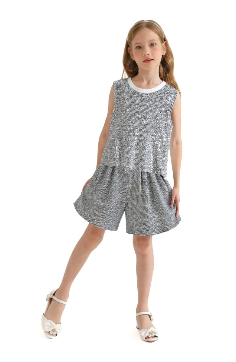 Tulleen Sequin Sleeveless Shorts Set, Main, color, Silver
