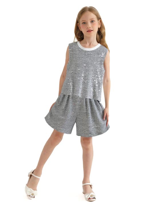 Tulleen Sequin Sleeveless Shorts Set In Gray