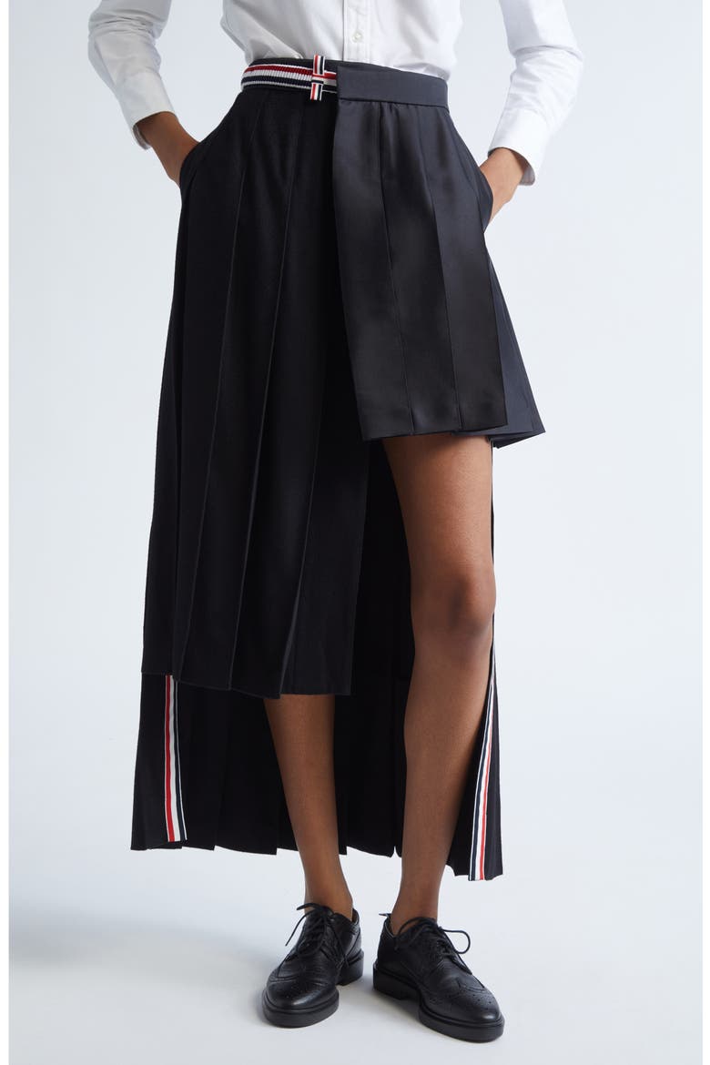Pleated Asymmetric Mixed Media Wrap Skirt, Main, color, BLACK