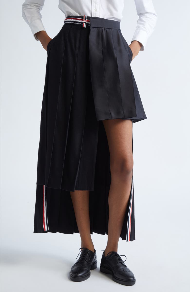Thom Browne Pleated Asymmetric Mixed Media Wrap Skirt, Main, color, Black