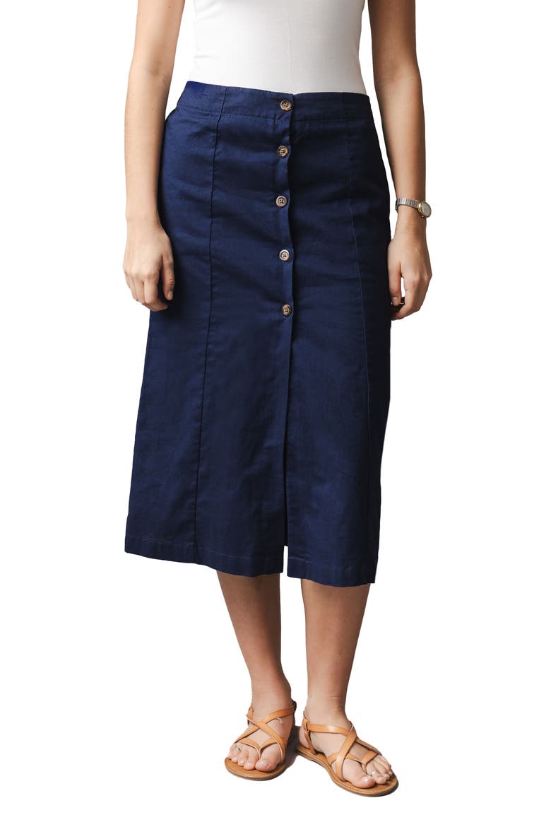 Linen Button Front Skirt, Main, color, Navy Linen