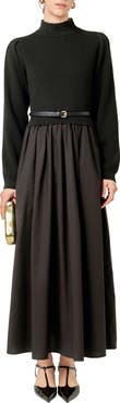 English Factory Belted Long Sleeve Dress