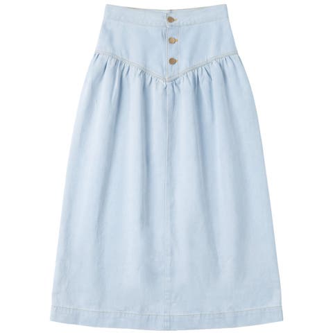 Girls V-Yoke Long Denim Skirt - Adjustable Waist, Button Front