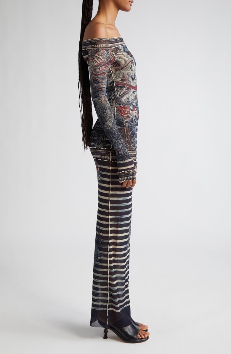 Jean Paul Gaultier Tattoo Stripe Off the Shoulder Long Sleeve Semisheer Mesh Dress, Alternate, color, 
