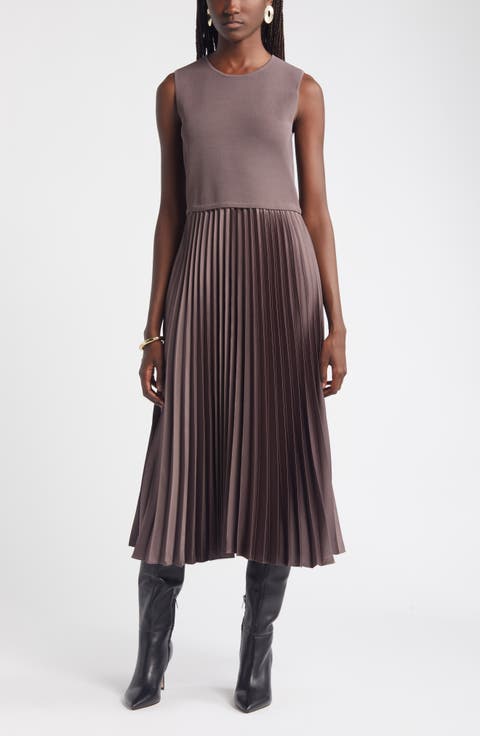 Pleated Mixed Media Midi Dress