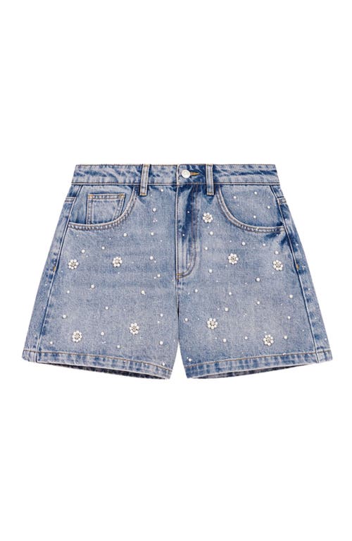 Maje Womens Flower-embellished High-rise Denim Shorts Bleus In Blue