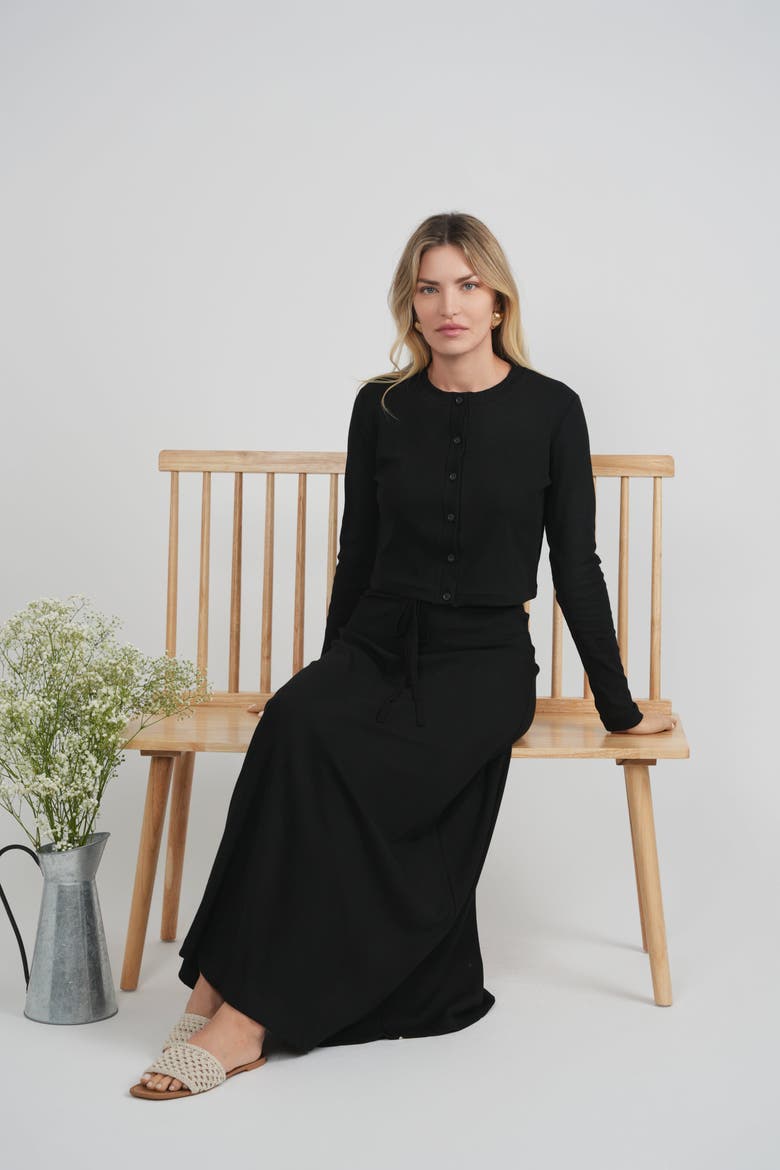 Ribbed Drawstring Elastic Waist Maxi A-Line Skirt, Alternate, color, Black