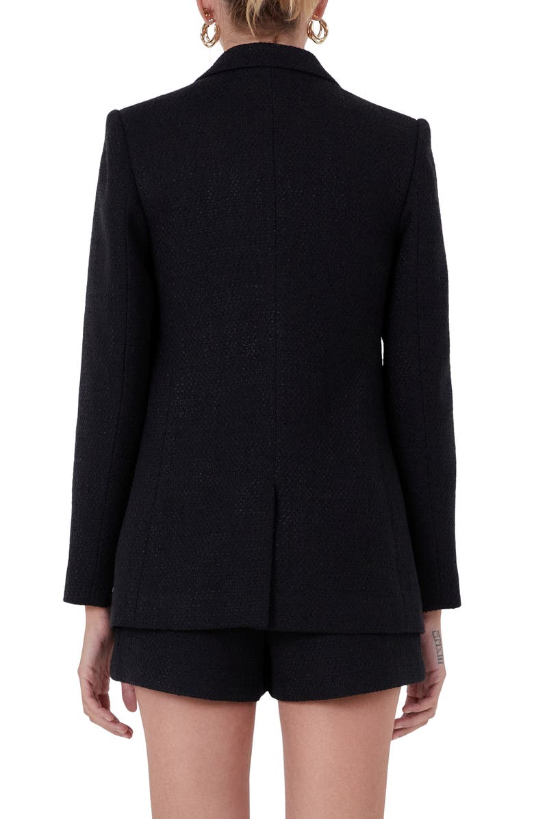 Endless Rose Peaked Lapel Tweed Blazer, Alternate, color, Black
