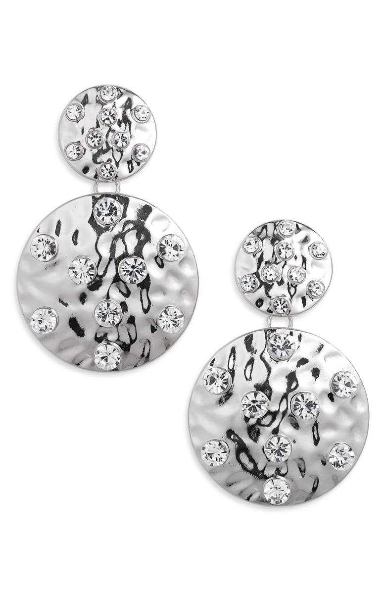 Tasha Hammer Disc Double Drop Earrings, Main, color, Silver Crystal
