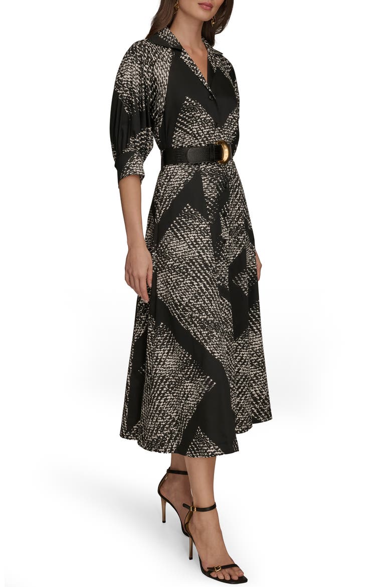 Abstract Houndstooth Check Belted Midi Shirtdress, Alternate, color, BLK CREAM