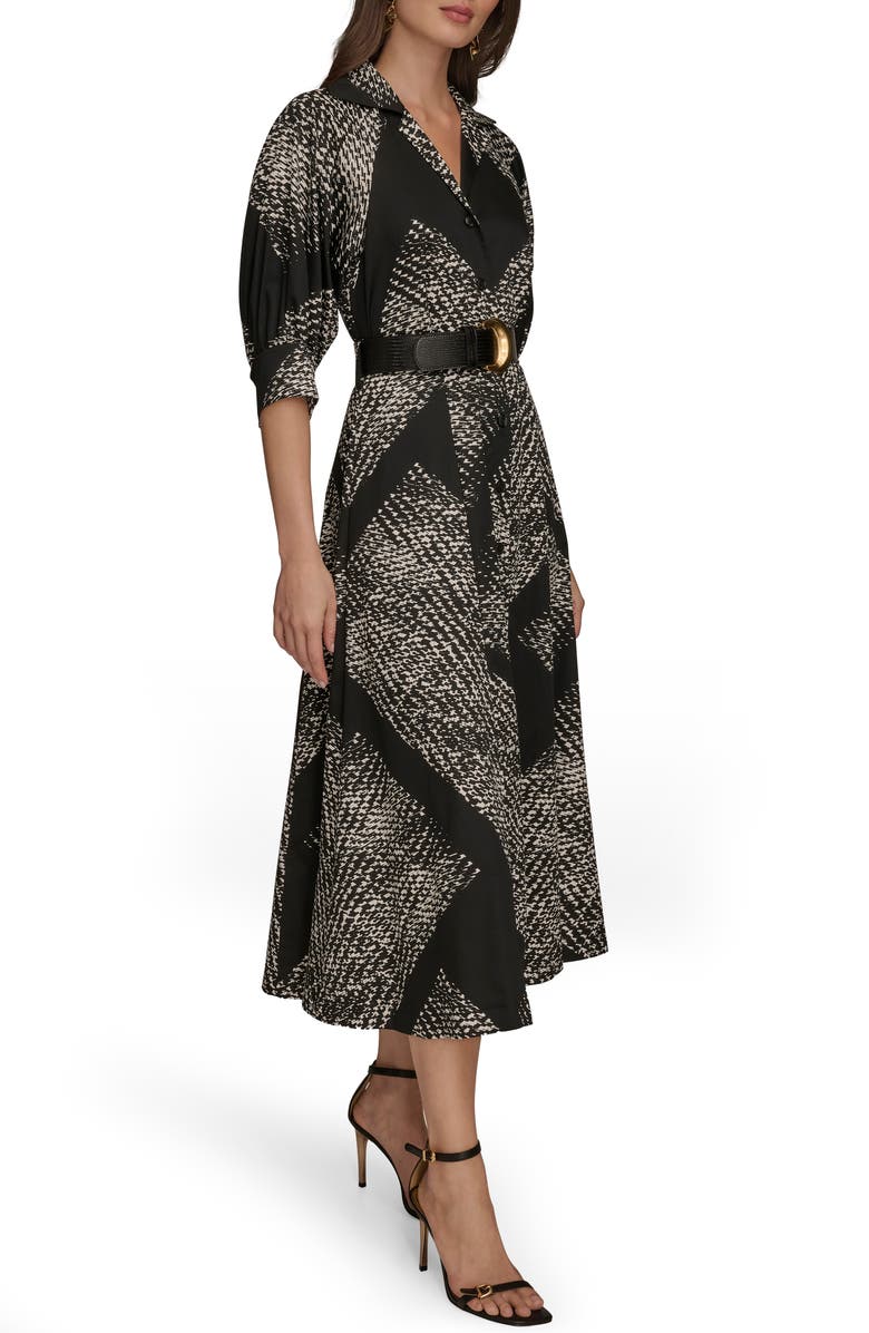 Donna Karan New York Abstract Houndstooth Check Belted Midi Shirtdress, Alternate, color, Blk Cream