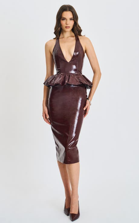 Jaslene Ruched Peplum Plunge Halter Midi Dress