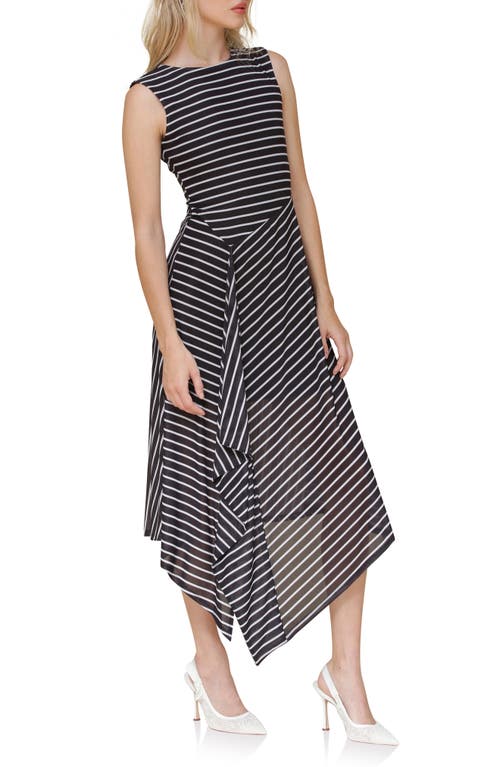 Avec Les Filles Directional Stripe Asymmetric Hem Dress In Black And White Stripe