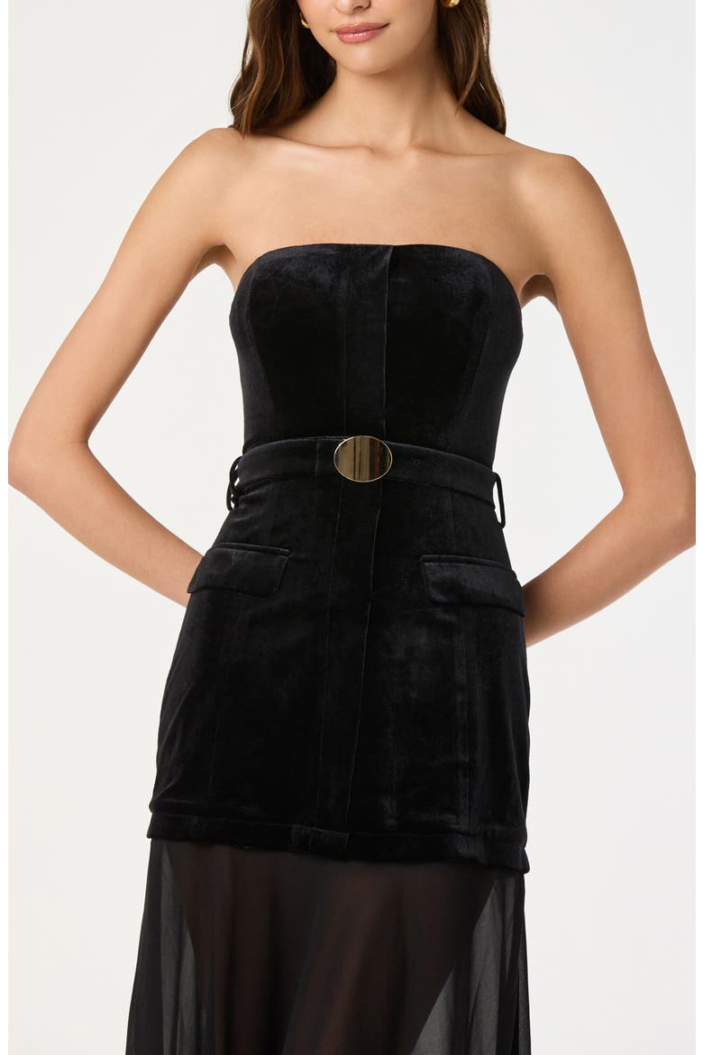 Strapless Belted Semisheer Velvet Midi Dress, Alternate, color, BLACK