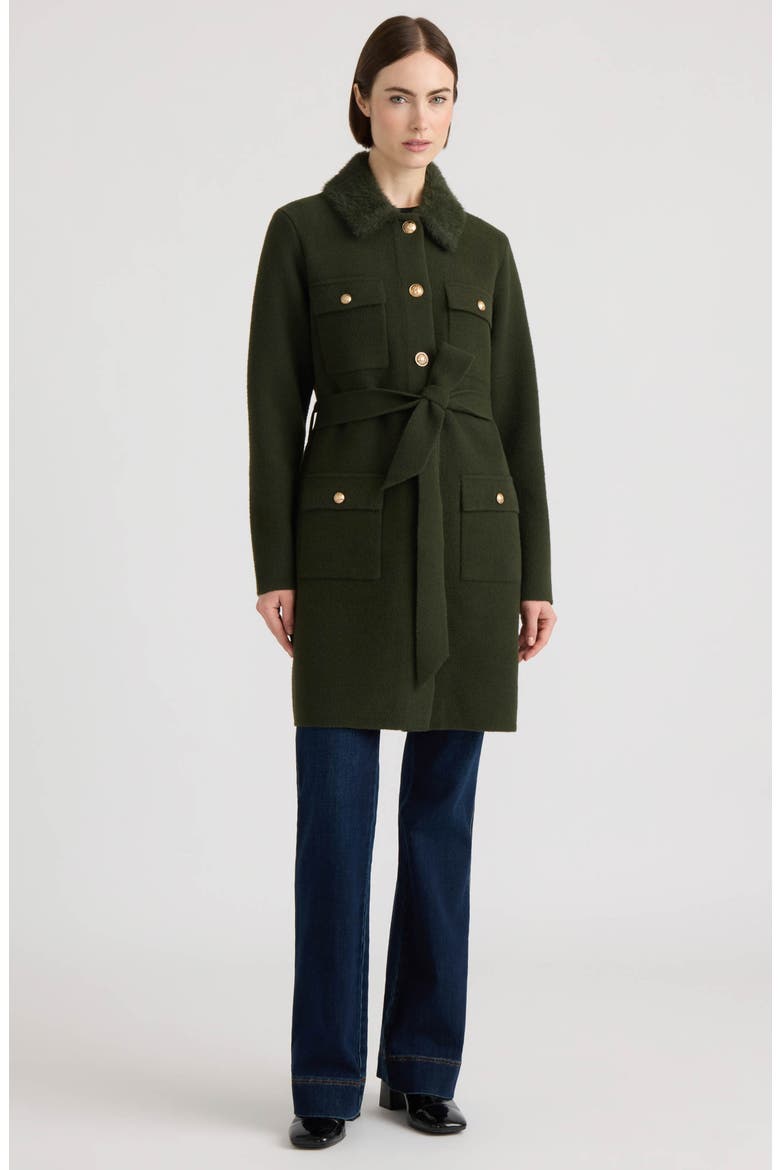Belted Coatigan with Faux Fur Collar, Alternate, color, MILITARY GREEN