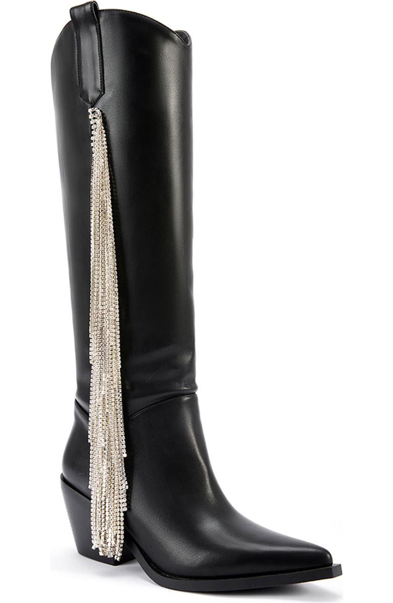 AZALEA WANG Joydistrict Rhinestone Fringe Pointed Toe Boot, Main, color, Black