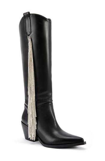 Azalea Wang Joydistrict Rhinestone Fringe Pointed Toe Boot In Black