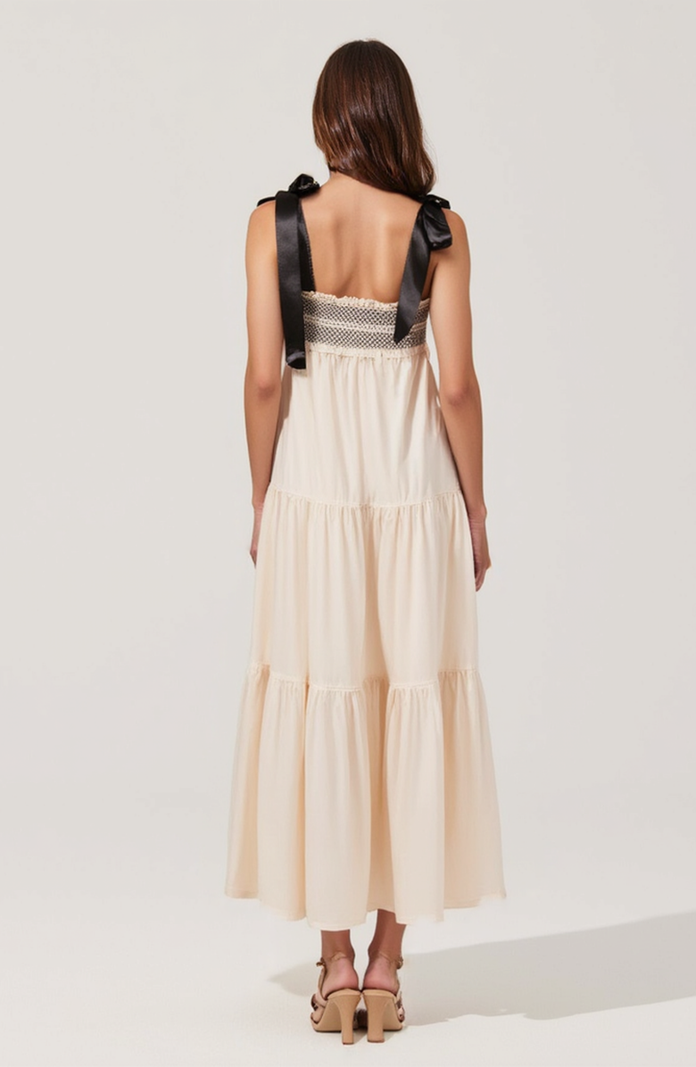 Modenaire Smocked Lace-Trim Maxi Dress with Satin Bow-Tie Straps, Alternate, color, Beige / Black