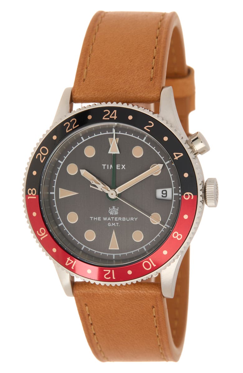 Timex<sup>®</sup> Waterbury Traditional GMT Quartz Leather Strap Watch, 39mm, Main, color, 