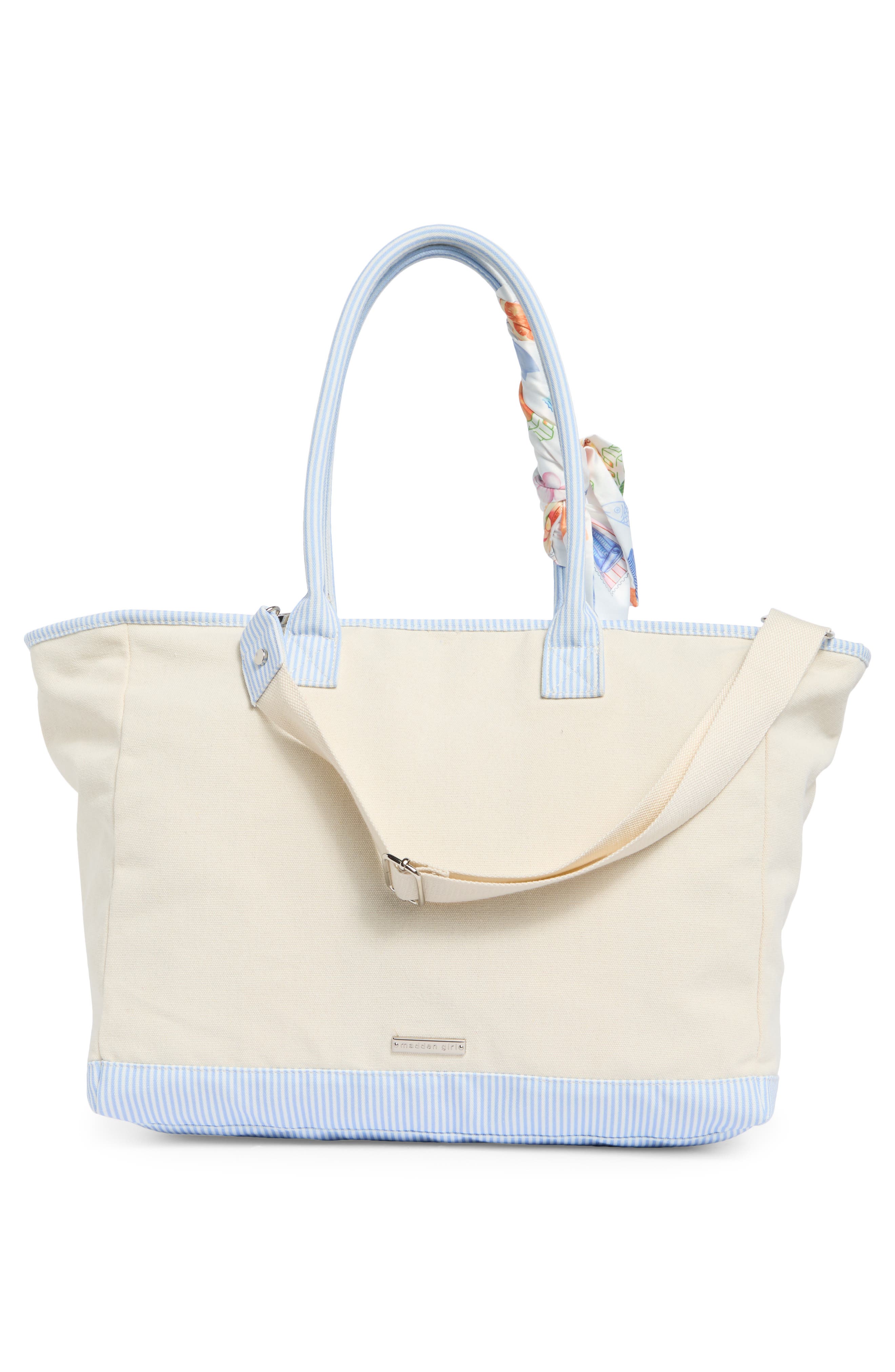 Madden Girl Embroidered Canvas Tote Bag, Alternate, color, Natural Blue Stripe