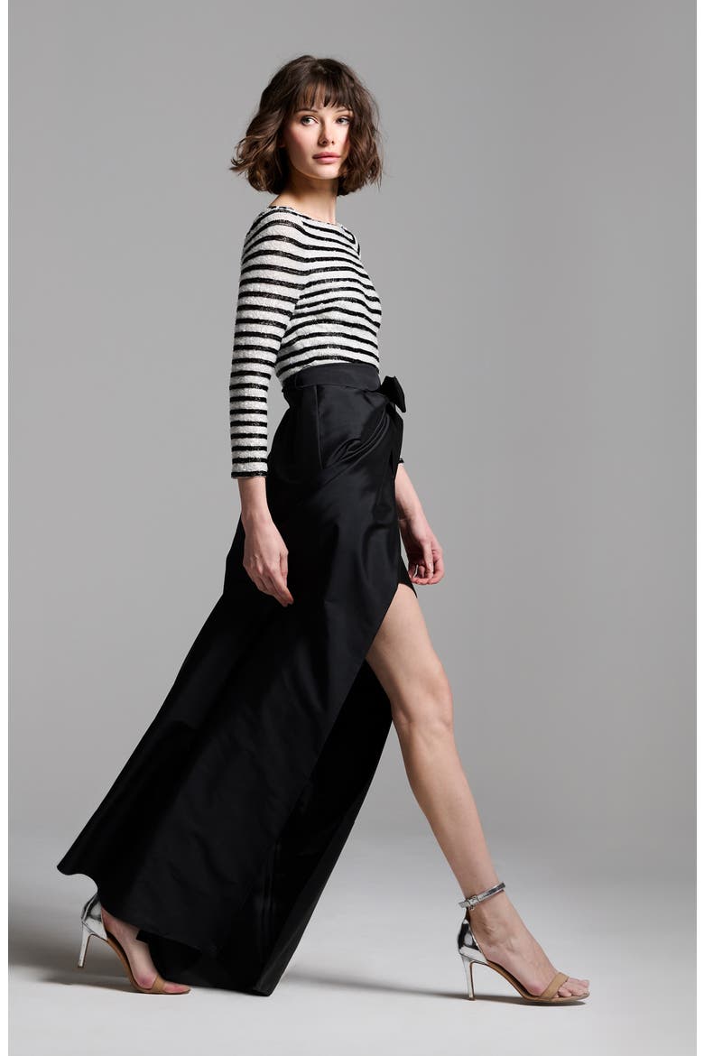 Beaded Stripe Mixed Media Taffeta Gown, Alternate, color, BLACK
